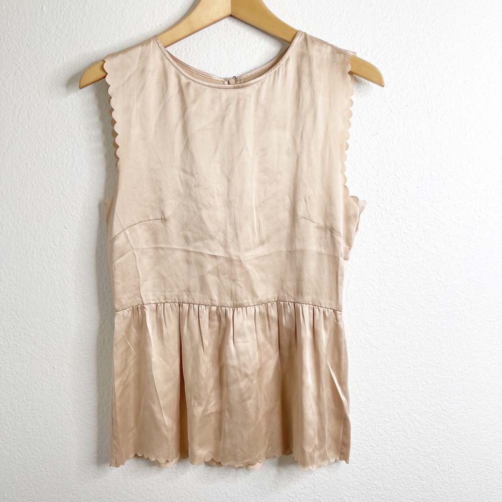 Madewell 100% Silk Scalloped Peplum‎ Top Champagne Neutral Sleeveless Blouse